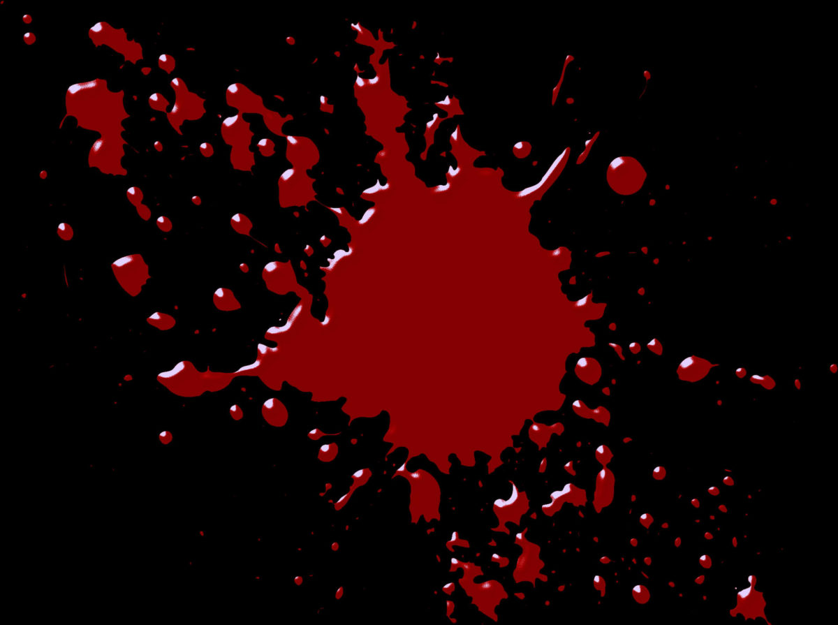 Large, comic-book-like blood splatter on black background, implying something violent having taken place— perhaps the loss of a life, and the beginnings of a new one.