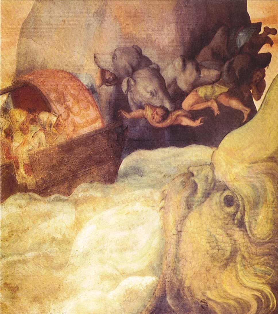 Italian fresco painting by Alessandro Allori depicts Odysseus's ship navigating perilously between the monstrous Scylla and the treacherous whirlpool Charybdis. The scene suggests the author's views regarding the truths about people, and friends and family.