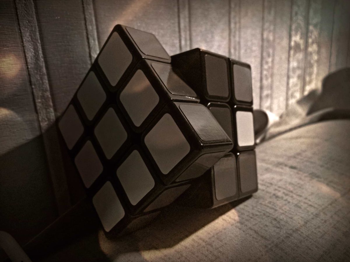Desaturated close-up of Rubik's Cube with front facing side twisted halfway—representative of the puzzle that is the human mind, and the journey to understand it.