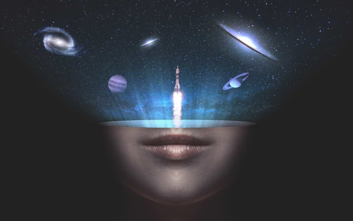 A rocket launching into a surreal theater of space, emanating from the lower visible half of a woman's face, illustrative of one's mind—a hyperbolic depiction of losing oneself in an otherworldly experience.